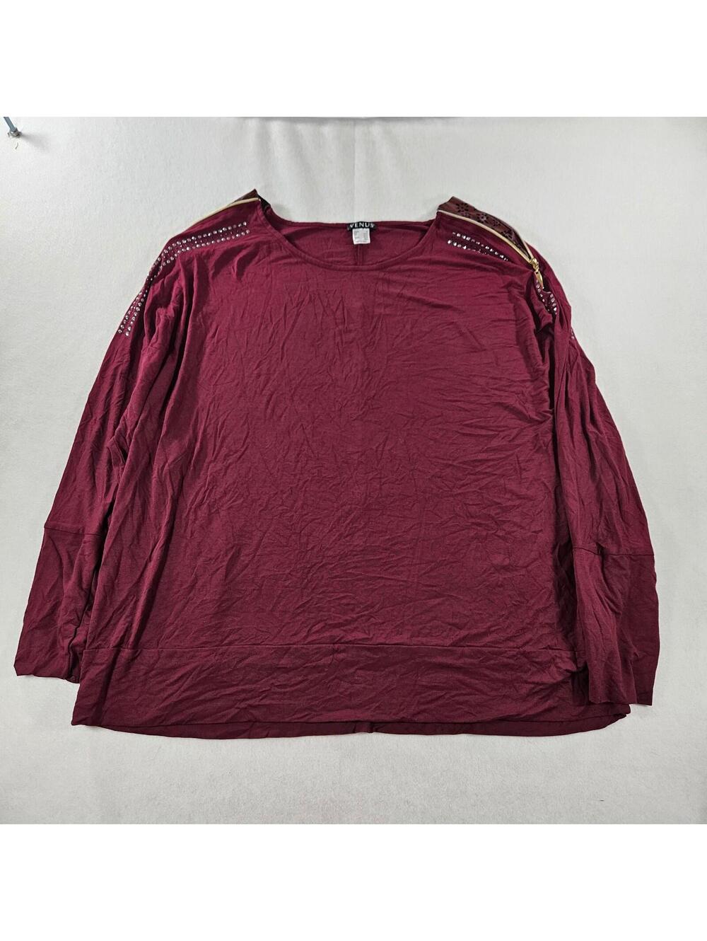 Venus Tunic Top 3X Burgundy Studded Zipper Shoulder Long Sleeve Plus Size